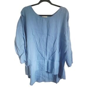 Terzo Millenio L Blue Button Linen Tunic Top‎ Hi/Lo Casual Sleeve Blouse Size L